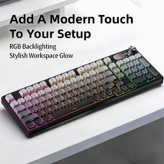 Tri-Mode Wireless Keyboard Mechanical Style 98 Keys Bluetooth 5.0 2.4GHz USB-C Silent Membrane with Multimedia Knob RGB Compact 1800 Layout for Windows Mac iPad Tablet Multi-Device