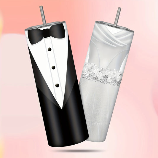 20oz Stainless Steel Water Bottle Set for Couples – Machine Washable,, Leak-Proof, Double-Wall Insulated Drink Tumblers - Perfect for Climbing, Outdoor Sports - Unique Bride Groom, Tuxedo, Wedding Dress Designs - Ideal for