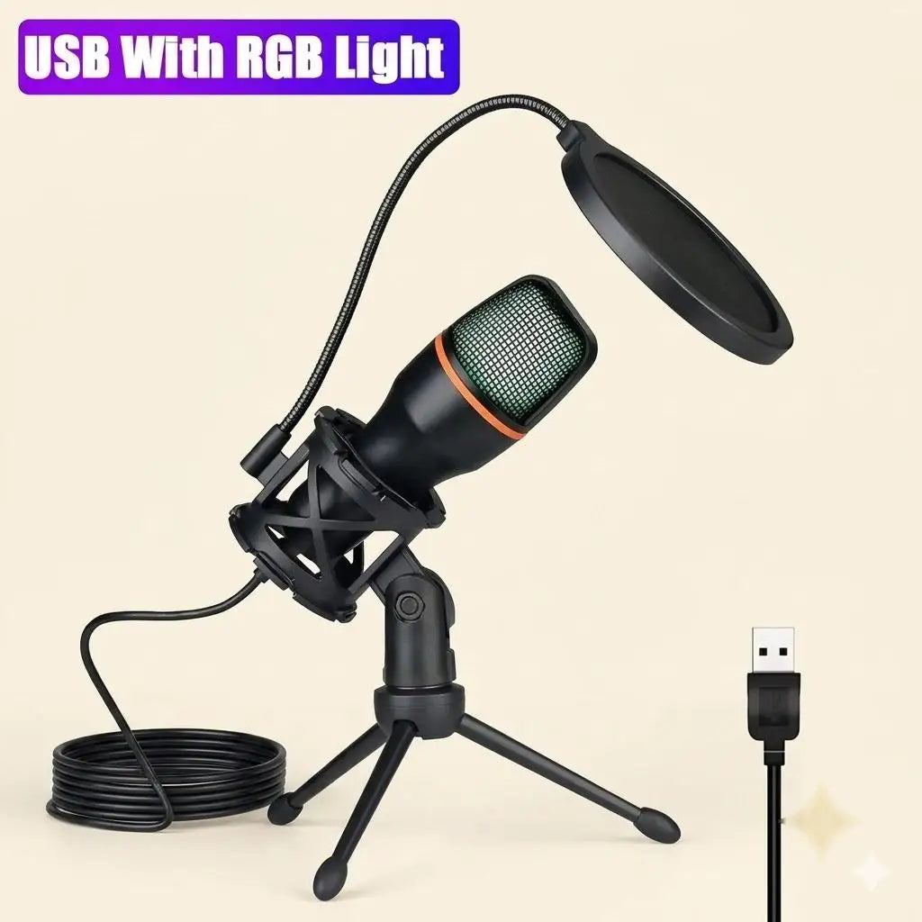 Professional Condenser Microphone Kit with Tripod Stand and RGB Lighting for Gaming and Streaming USB Microphone for YouTube Podcasts Video Studio Recording on PC Laptop Mac Desktop with Mute Button and Built in Voice Changer