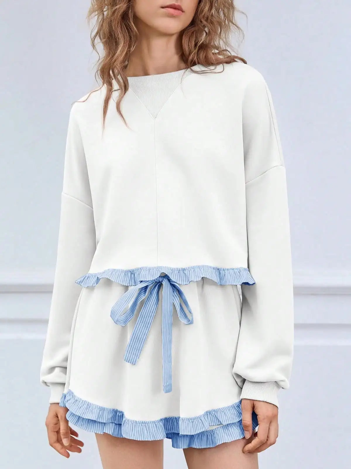 Fisoew Women's Y2K Aesthetic Lounge Set Prairie Chic Ruffle Trim Cropped Sweatshirt Drawstring Shorts