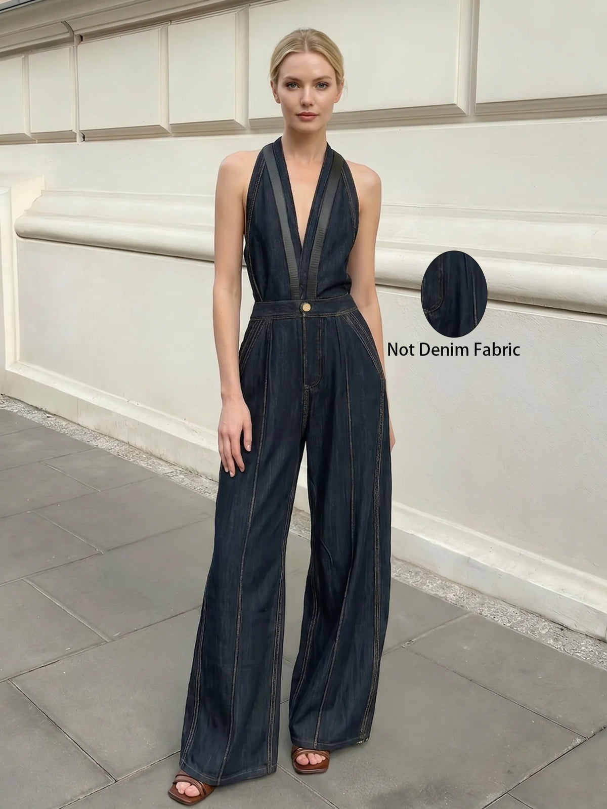 Women's Halter V Neck Sleeveless Jumpsuit Contrast Stitch Detail Front Button High Waist Wide Leg Pocket Casual Ladies Jumpsuit