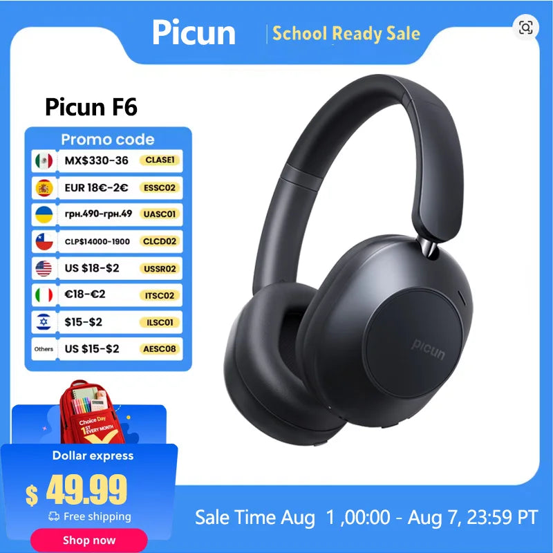 Picun F6 Active Noise Cancelling Wireless Headphones Head Tracking 3D Audio 40mm Hi-Res ANC Bluetooth Headset HIFI APP Control