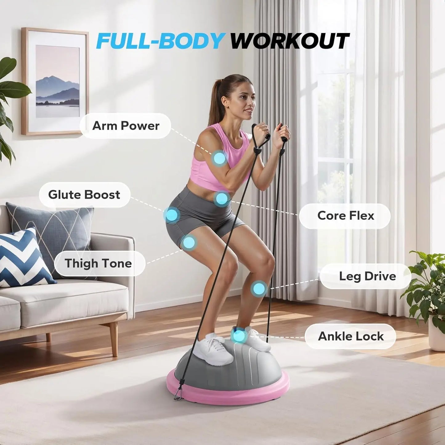 18 Inch Balance Ball Trainer with Resistance Bands And Foot Pump Half Exercise Ball Yoga Ball for Core Strength Training And Sta