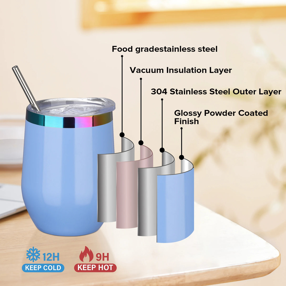 Fastsub Stainless Steel Vacuum Insulated Stemless Wine Glasses With Lids