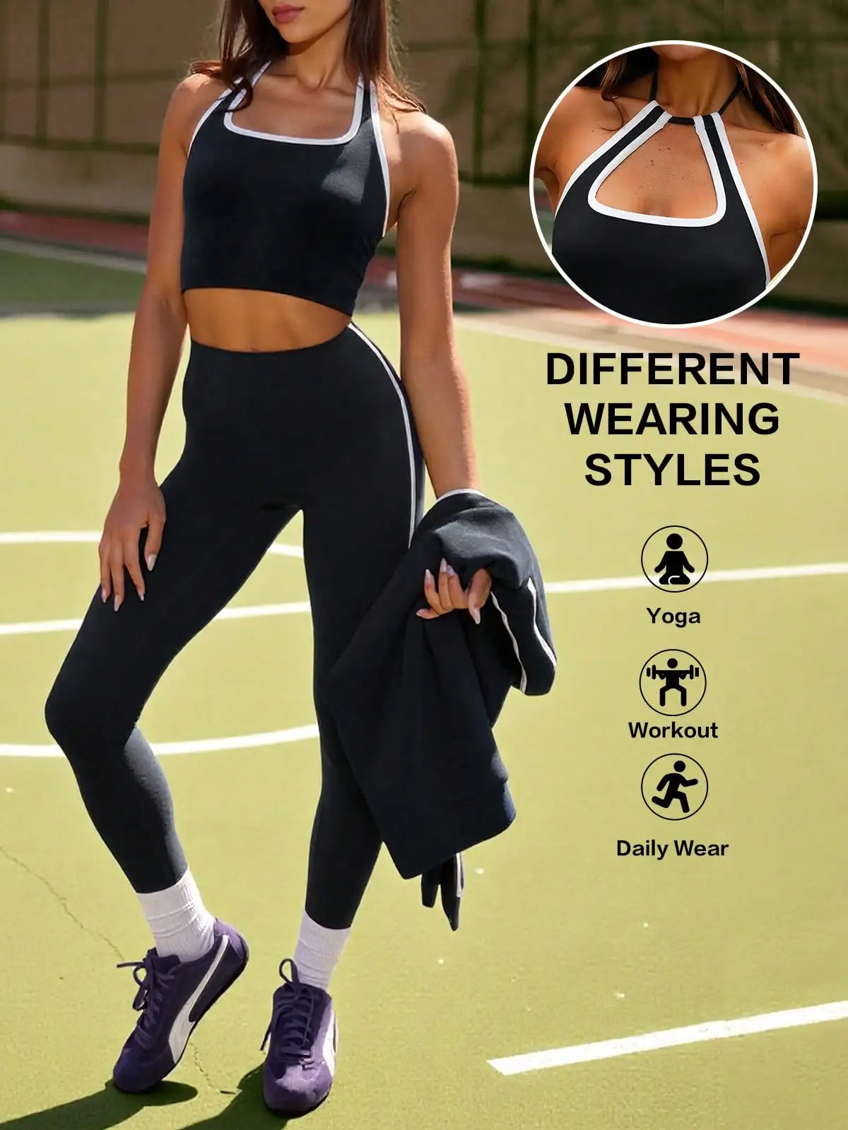 Fisoew Seamless Workout Sets, Ribbed Yoga Outfits Cropped Top & High Waisted Leggings Gym Clothing For Running Sports