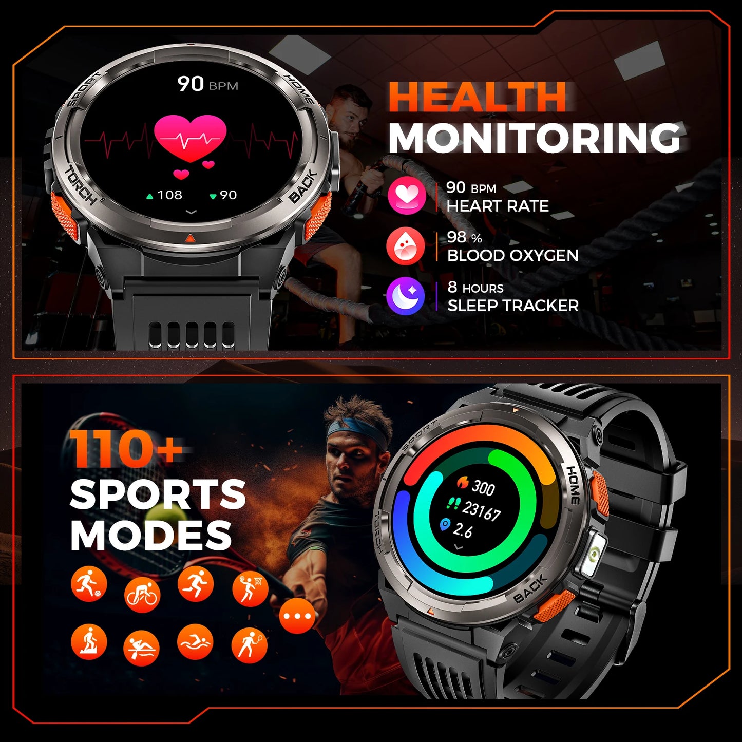 EIGIIS KE5 3ATM Waterproof Smart Watch for Men with LED Flashlight 1.45'' HD Rugged Smartwatch with 530mAh Big Battery