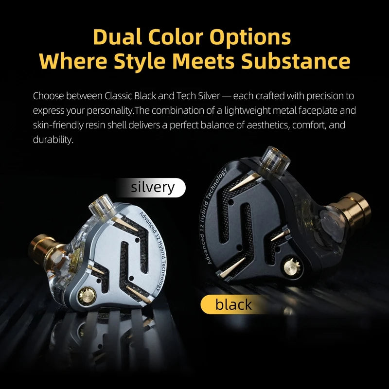 In Ear Monitor KZ ZS12 Pro 2 Hybrid 1DD+5BA Wired IEM Earphones with High Purity Silver Plated Detachable Cable, 3.5mm 2Pin HiFi Gaming Earbuds for Musicians Audiophiles