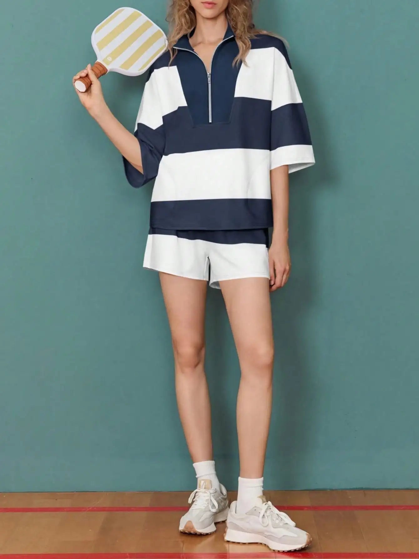 Fisoew Casual Y2K Colorblock Half Zip Sweatshirt & High Waisted Shorts Set | 2025 Tracksuit Gym Wear Lounge Tennis Aesthetic Set