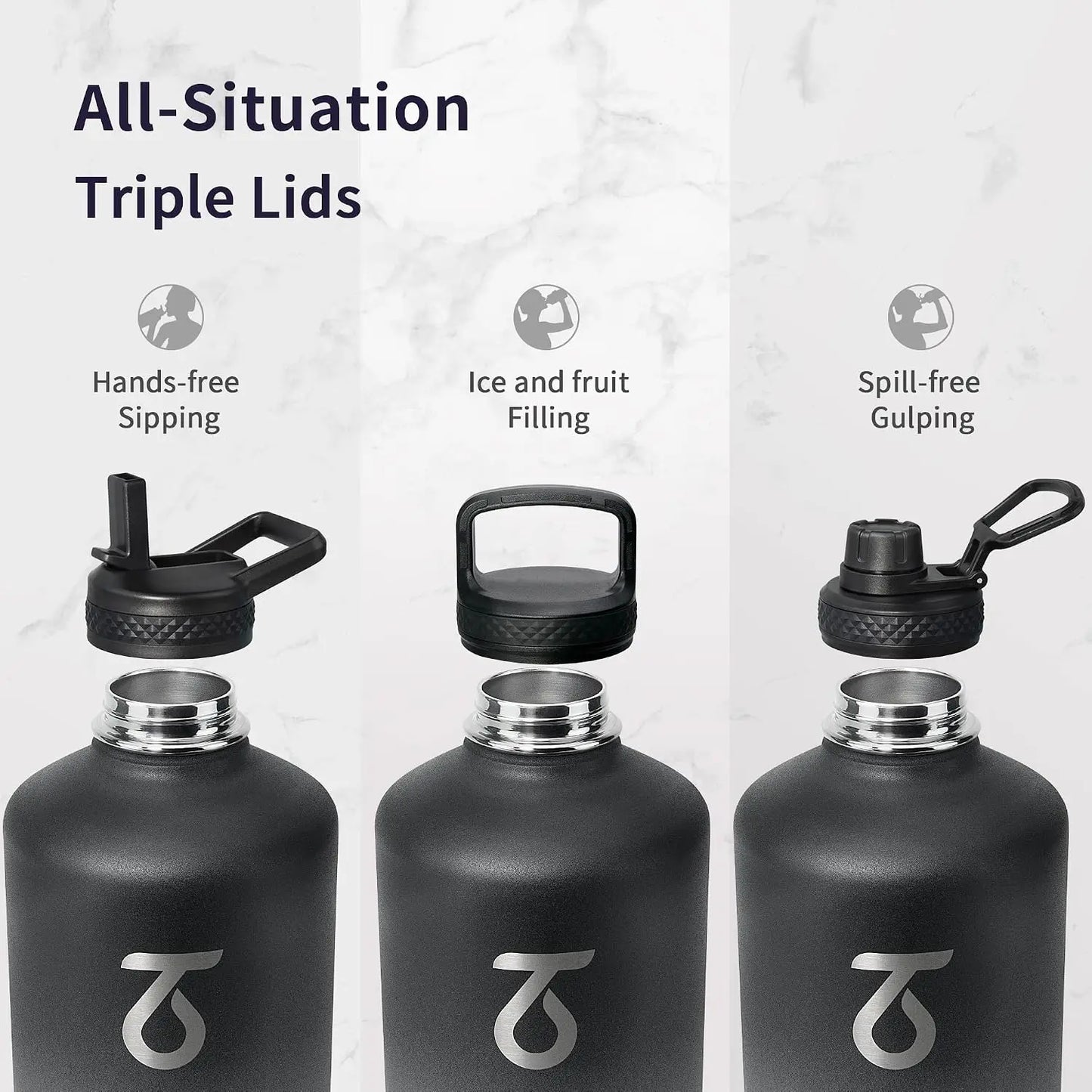 128oz Insulated Stainless Steel Water Bottle with Straw Spout and Handle, 1 Gallon Large Sports Jug, Food-Grade Triple Wall Vacu