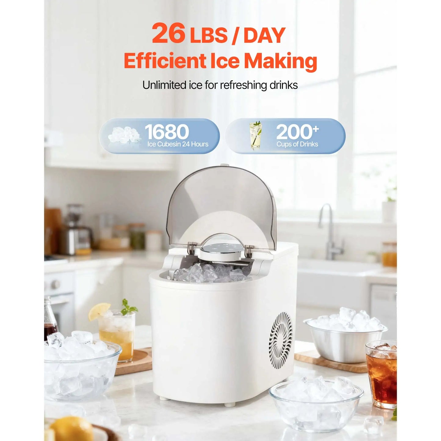 SucceBuy Countertop Ice Maker 7 Cubes Ready in 6 Mins 26 lbs per Day with Ice Scoop 2 Sizes Bullet Ices for Home Kitchen Office
