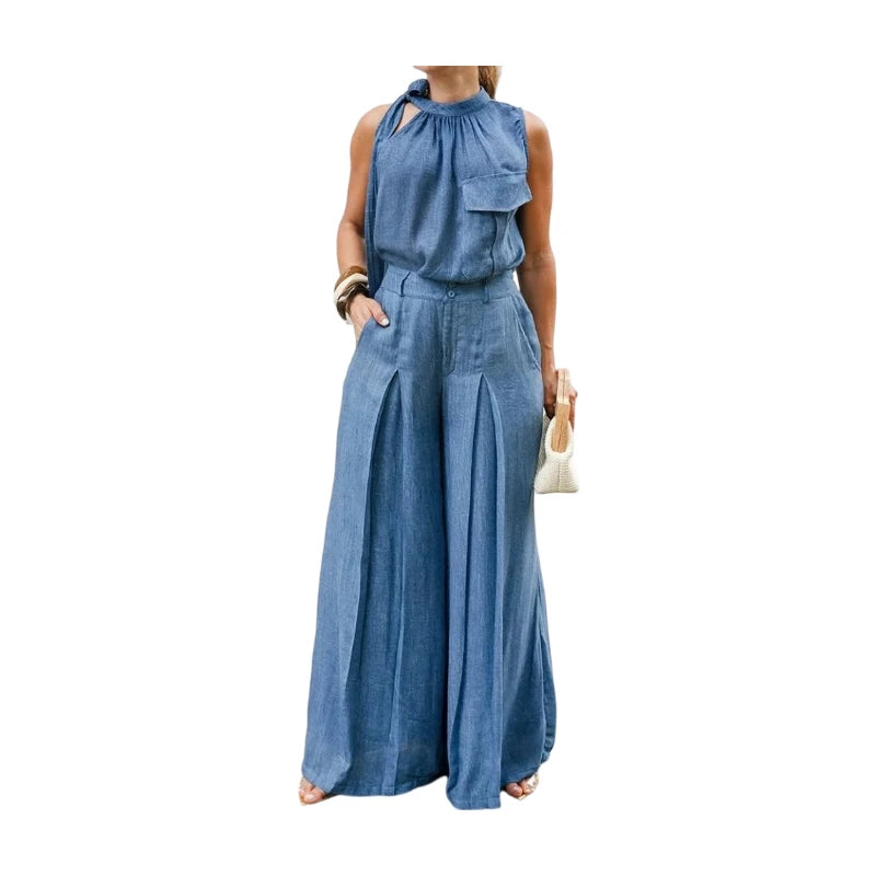 Pant Suit Halter Neck Tie Sleeveless Chest Pocket High Waist Pleated Wide Leg Trousers Matching Outfit For Women Vacation Daily Elegant Wear