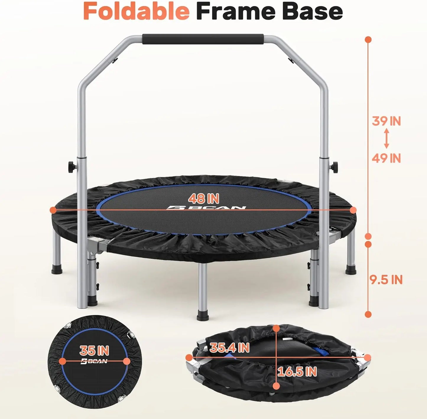 40/48“ Foldable Mini Trampoline with Adjustable Foam Handle Fitness Rebounder for Adults Max Load 440 Lbs Exercise Trampoline