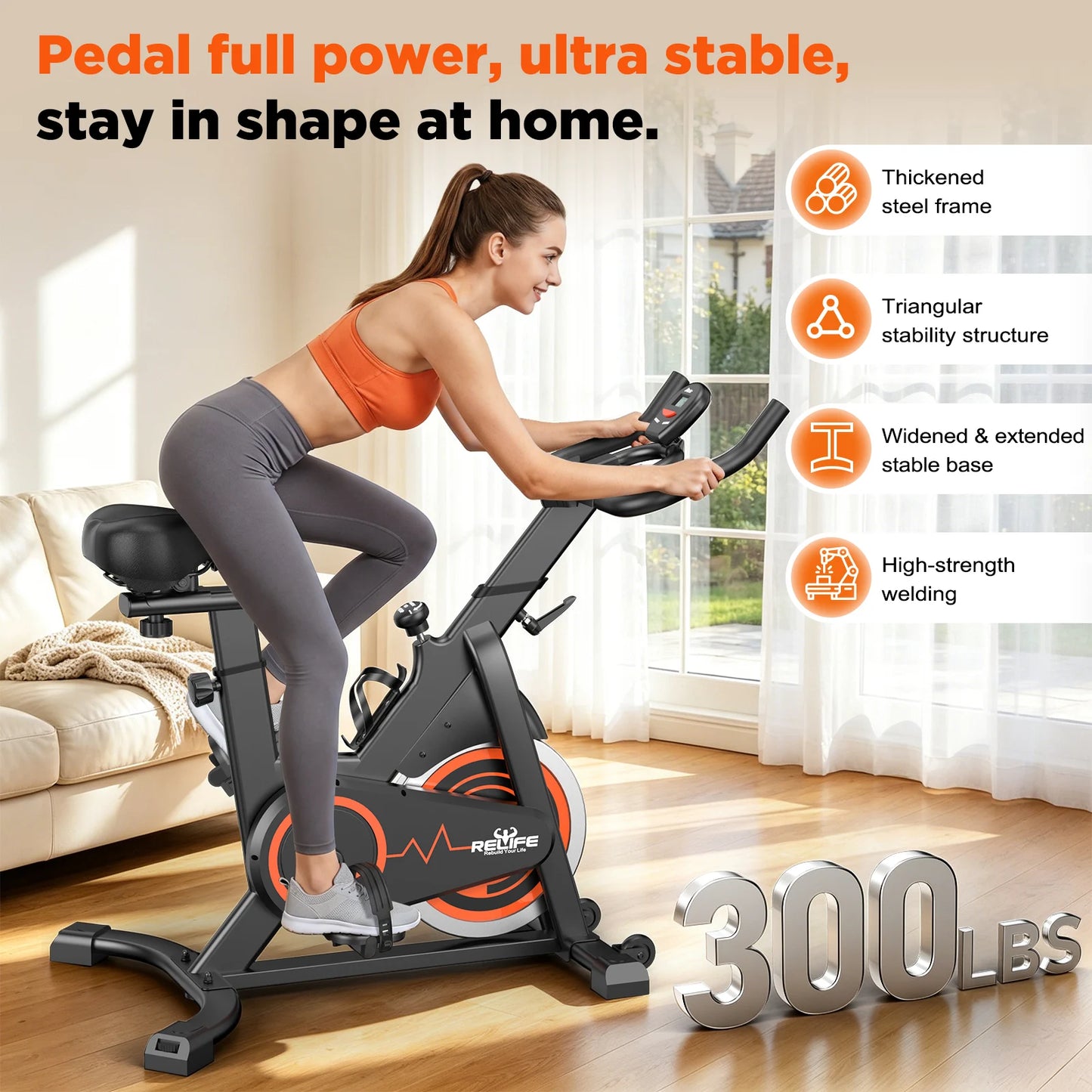 RELIFE Stationary Exercise Bike Silent Belt Drive Indoor Cycling Bike Adjustable Resistance Home Cardio Fitness Bike with LCD Monitor Tablet Holder
