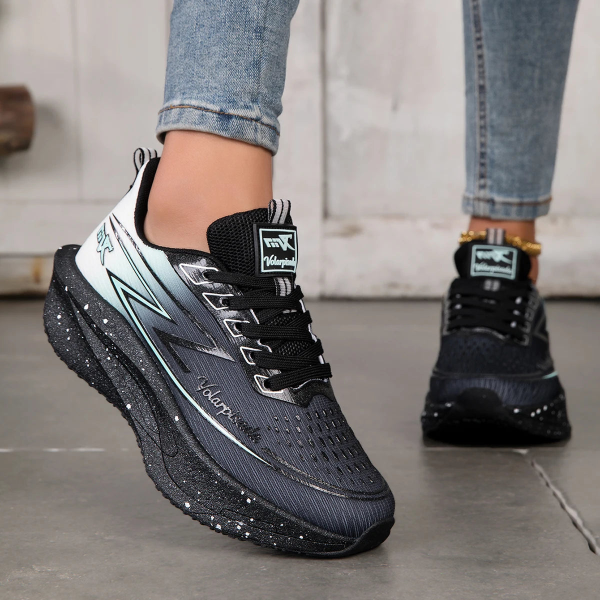 Women Gradient Lightning Print Running Sneakers Breathable Flying Weave Mesh Light Cushion Non Slip Shock Absorb Athletic Gym Jogging Sport Shoes