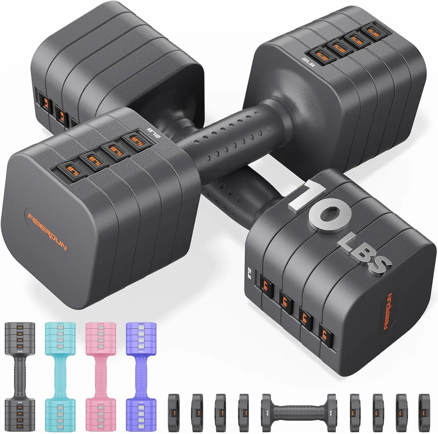 FEIERDUN 5-in-1 Adjustable Dumbbells Set of 2, 20LBS Dark Grey Hand Weights, Fast Adjust Dual Stable Dumbbells for Home Gym