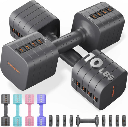 FEIERDUN 5-in-1 Adjustable Dumbbells Set of 2, 20LBS Dark Grey Hand Weights, Fast Adjust Dual Stable Dumbbells for Home Gym