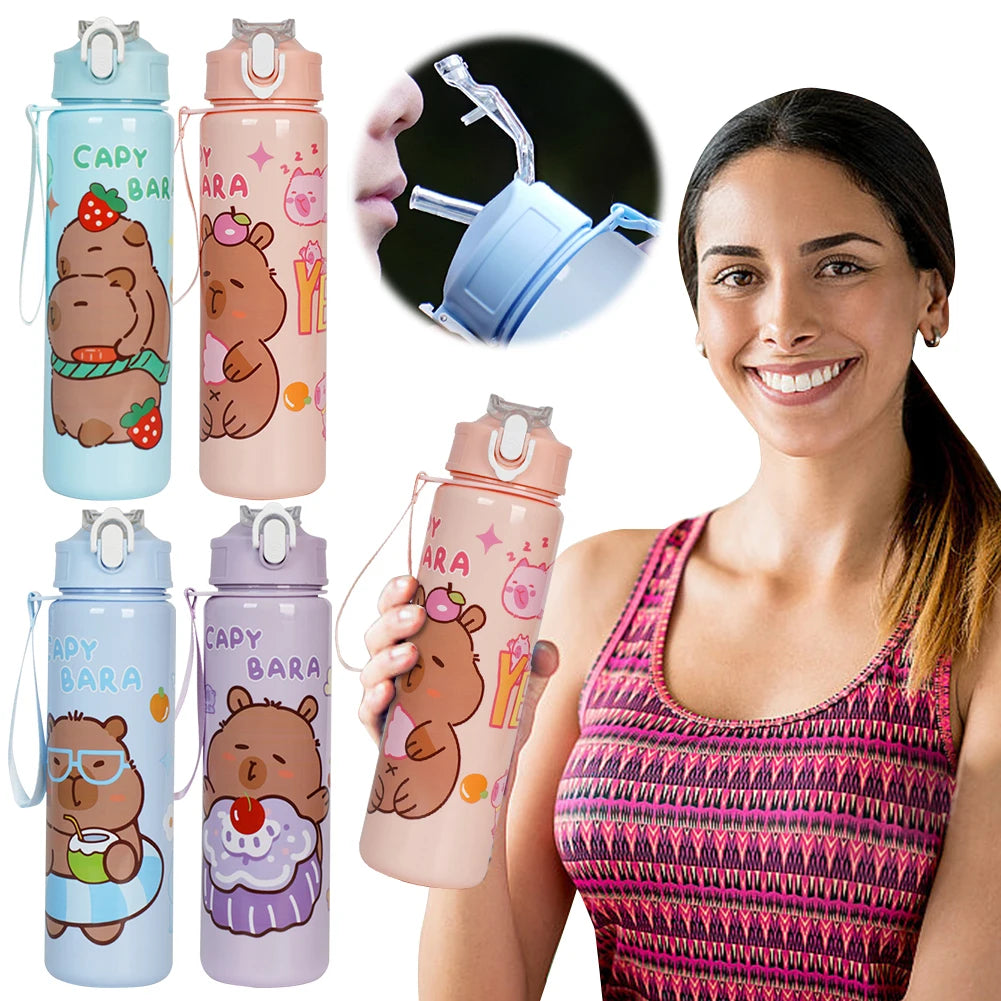 700ml Capybara Cute Water Cup with Straw & Handle Portable Drinking Bottle Large Capacity Kawaii Water Bottle for Fitness Sports