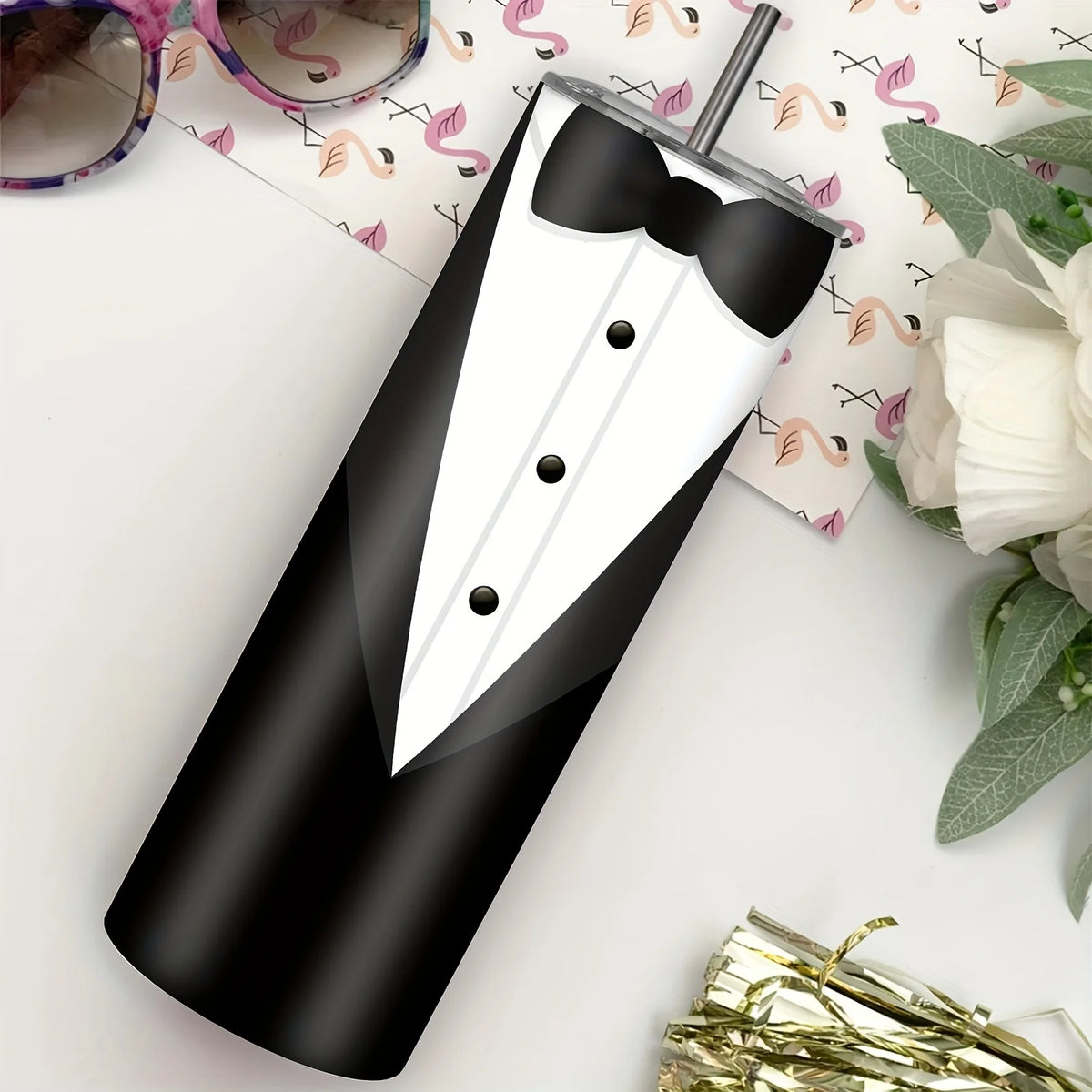 20oz Stainless Steel Water Bottle Set for Couples – Machine Washable,, Leak-Proof, Double-Wall Insulated Drink Tumblers - Perfect for Climbing, Outdoor Sports - Unique Bride Groom, Tuxedo, Wedding Dress Designs - Ideal for