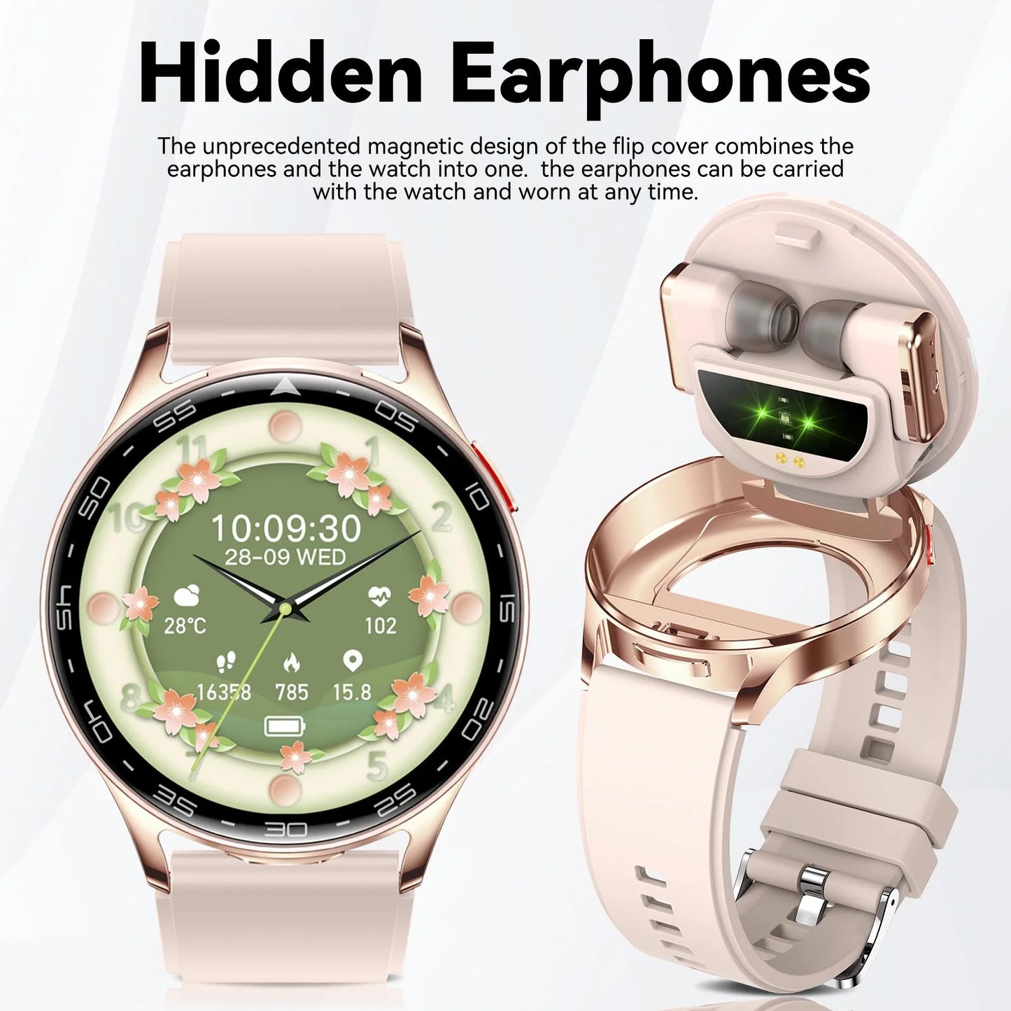 EIGIIS 2-in-1 Smart Watch With Hidden Earbuds For Women