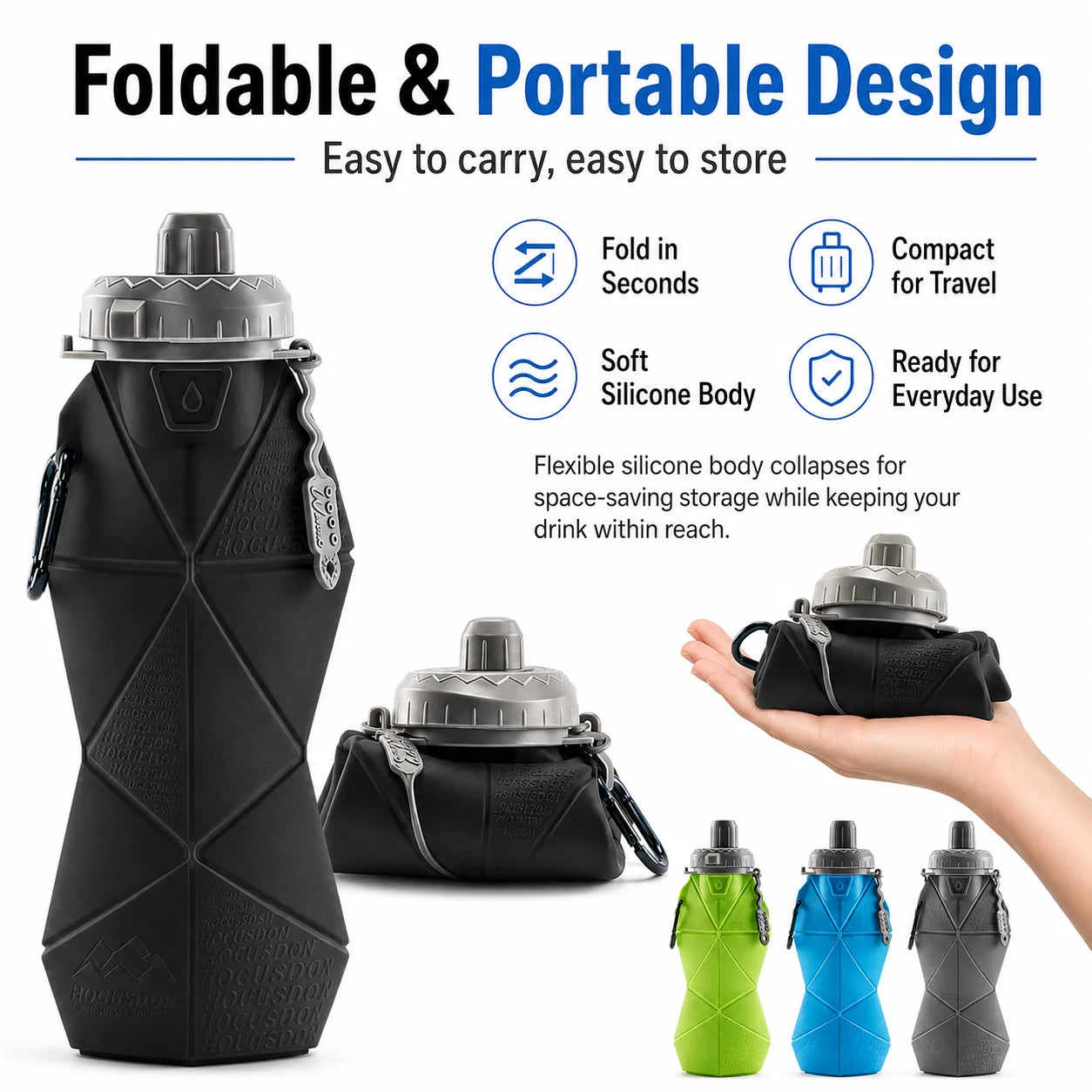 Foldable Silicone Water Bottle Leakproof Portable Sports Drinkware Reusable Camping Hiking Gym Travel Bottle with Handle