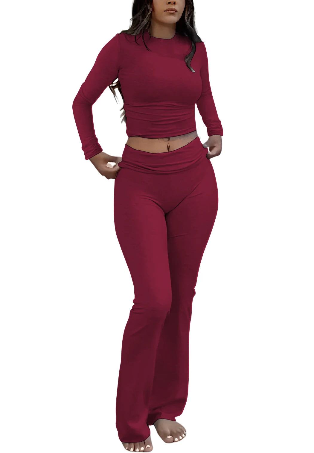 Women's Yoga Two-Piece Set Long-Sleeve Wide-Leg Activewear Casual Home