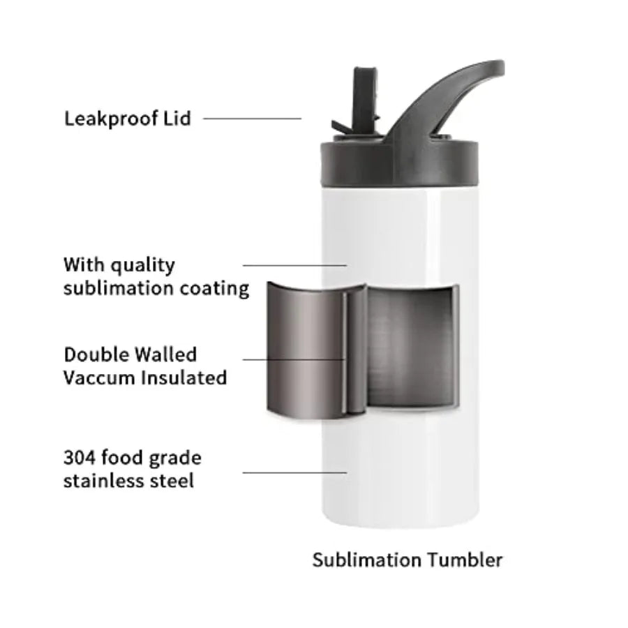 4 Pack Sublimation Sports Water Bottle Blanks 16 OZ White Stainless Steel Vacuum Flask Tumblers Cups with Sippy Up Lid and Stra