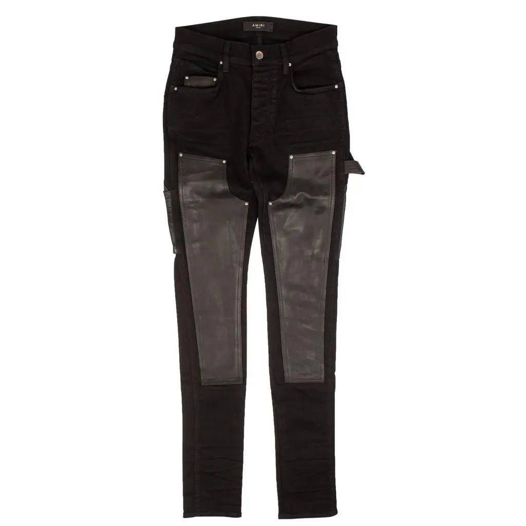 Amiri Men's Black Comfort Fit Breathable Sweatpants Sportswear Casual Active Wear Leather Trimmed