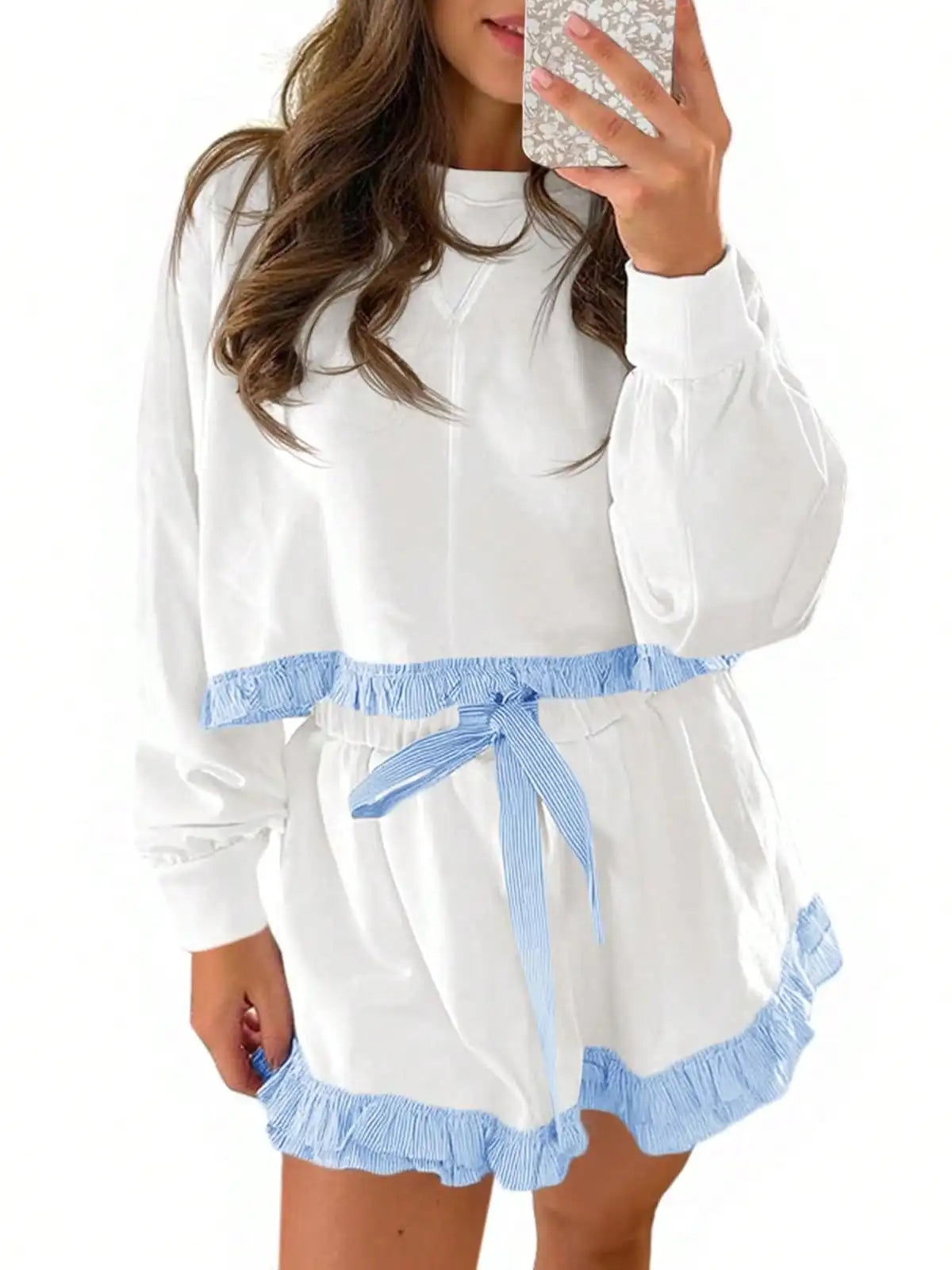 Fisoew Women's Y2K Aesthetic Lounge Set Prairie Chic Ruffle Trim Cropped Sweatshirt Drawstring Shorts