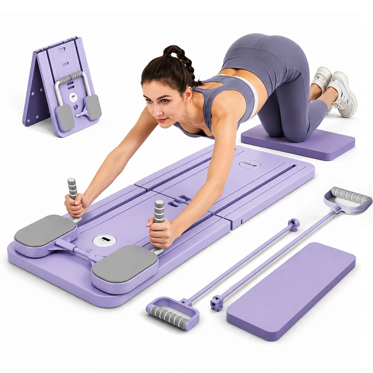 UMAY Multifunctional Pilates Board with Count Timer Foldable Abdominal Trainer with Yoga Mat Resistance Tubes Portable Full Body Workout Plate for Core Glute Back Exercise