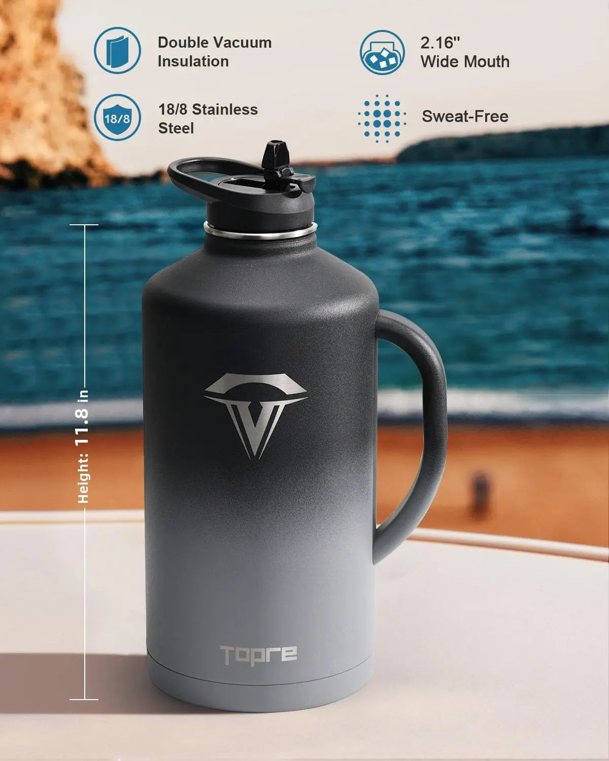 Heavy-Duty 1 Gallon Stainless Steel Water Bottle with Straw, Lid, and Handle, 128oz Insulated Travel Jug, Leakproof Metal Flask,