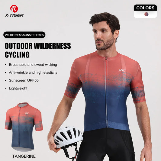 X-TIGER Sunset Wilderness Men Cycling Jersey Summer Quick Dry Breathable Short Sleeve Road Bike MTB Riding Clothing UV Protection Bicycle Tops