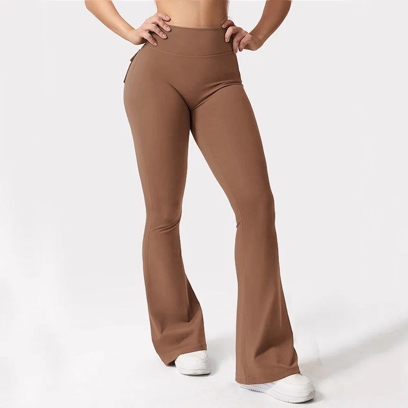 Women Yoga Flare Trousers High Waist Wide Leg With Pockets