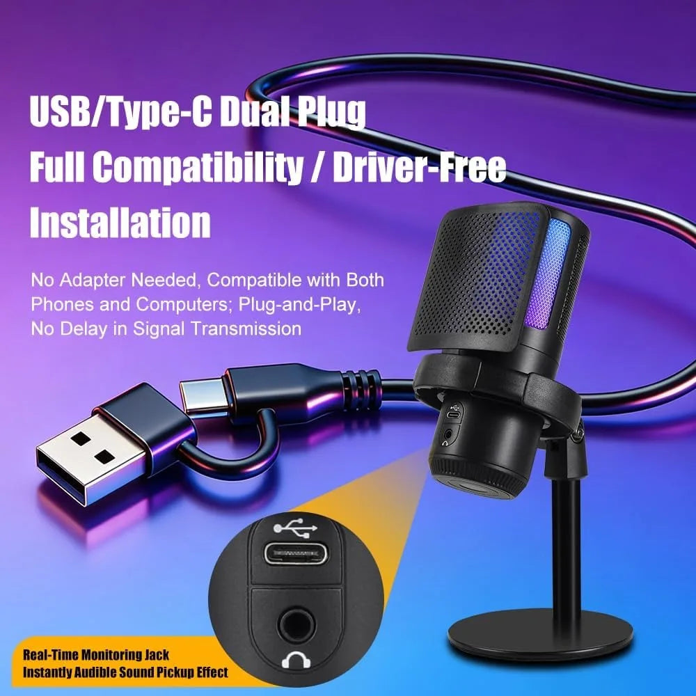RGB USB Streaming Microphone for PC and Console Gaming with Quick Mute Feature