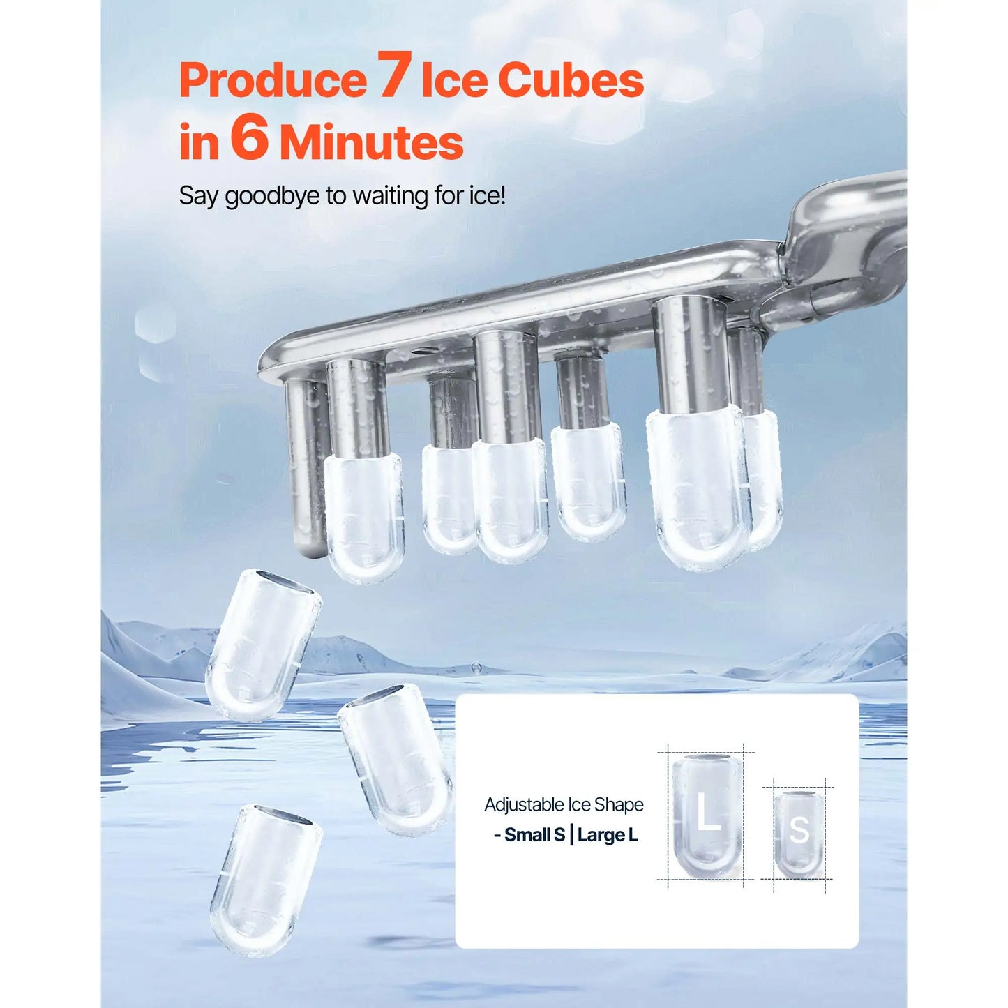 SucceBuy Countertop Ice Maker 7 Cubes Ready in 6 Mins 26 lbs per Day with Ice Scoop 2 Sizes Bullet Ices for Home Kitchen Office