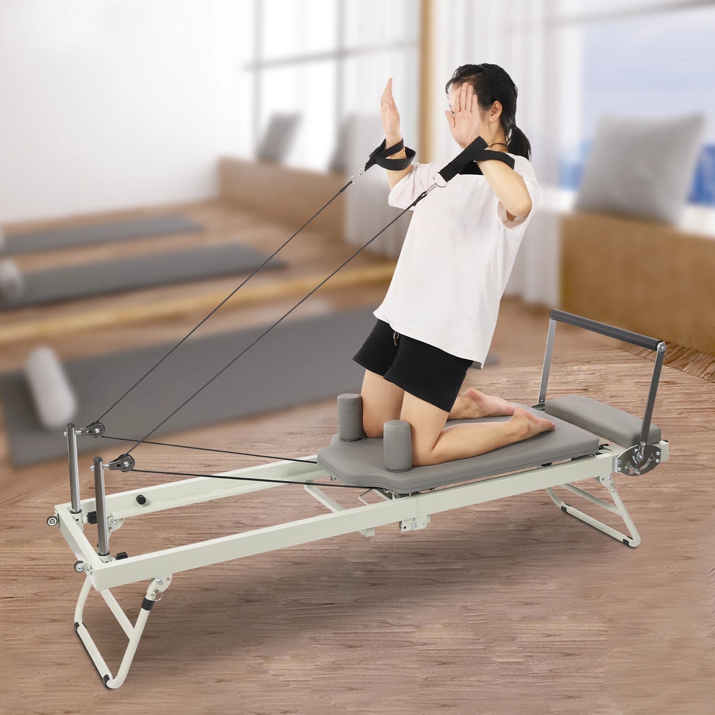 Foldable Pilates Reformer Machine Portable Fitness Equipment Multifunctional Yoga Fitness Equipment Pilates Exercise Equipment Grey/Black Use in Homes/Offices/Yoga Studios/Gyms