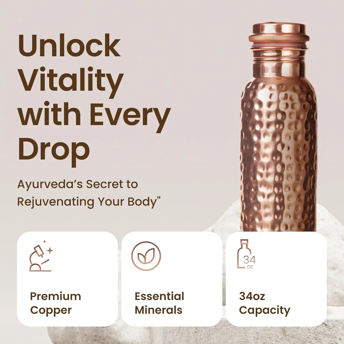 Hammered Copper Water Bottle, 34 oz - Leak-Proof, Eco-Friendly Design for Temperature Retention - Stay Hydrated & Experience Ayu