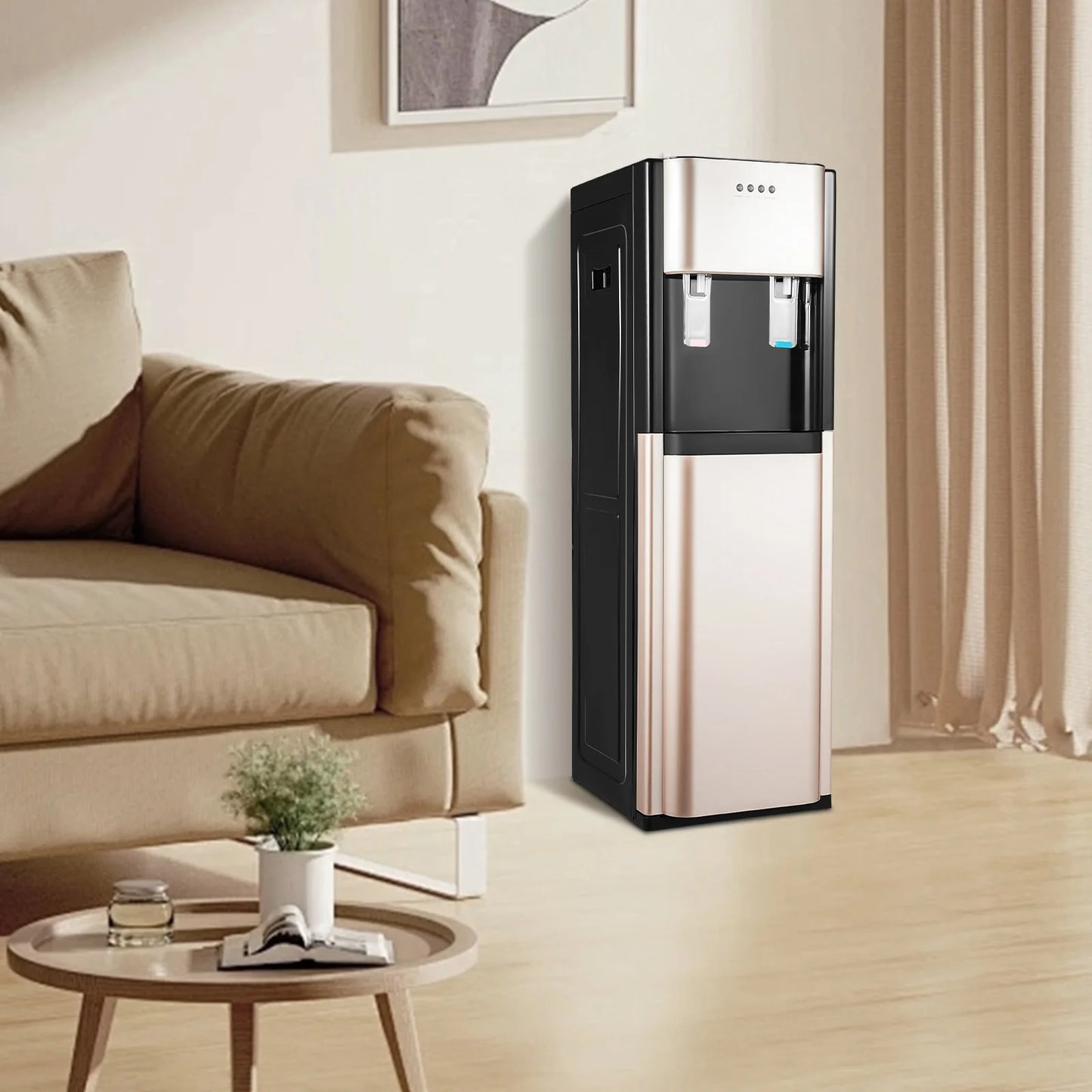 13°-90° Bottom Loading Water Dispenser Hot Cold Freestanding Water Cooler 304 Stainless Steel Liner Easy Lower Bottle Replace Multi Overheat Dry Burn Protection Detachable Drip Tray Long Power Cord For Home Office Hotel Gym