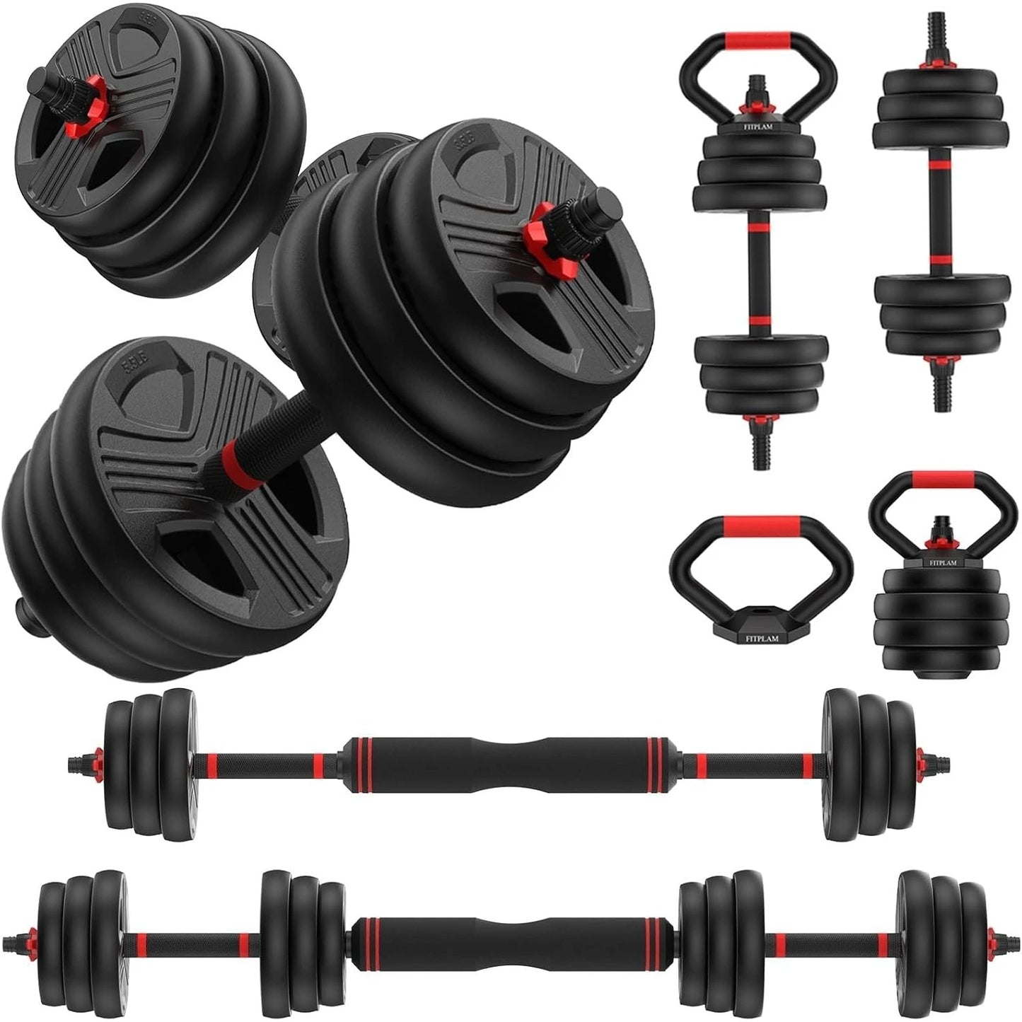 FITPLAM Adjustable 5 in 1 Free Weights Set, 20/35/45/70/90LB Dumbbell Set, Convertible to Barbell Kettlebell Push Up Stand