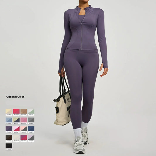 Women Long Sleeve Zipper Yoga Jacket Set With Leggings Tracksuit