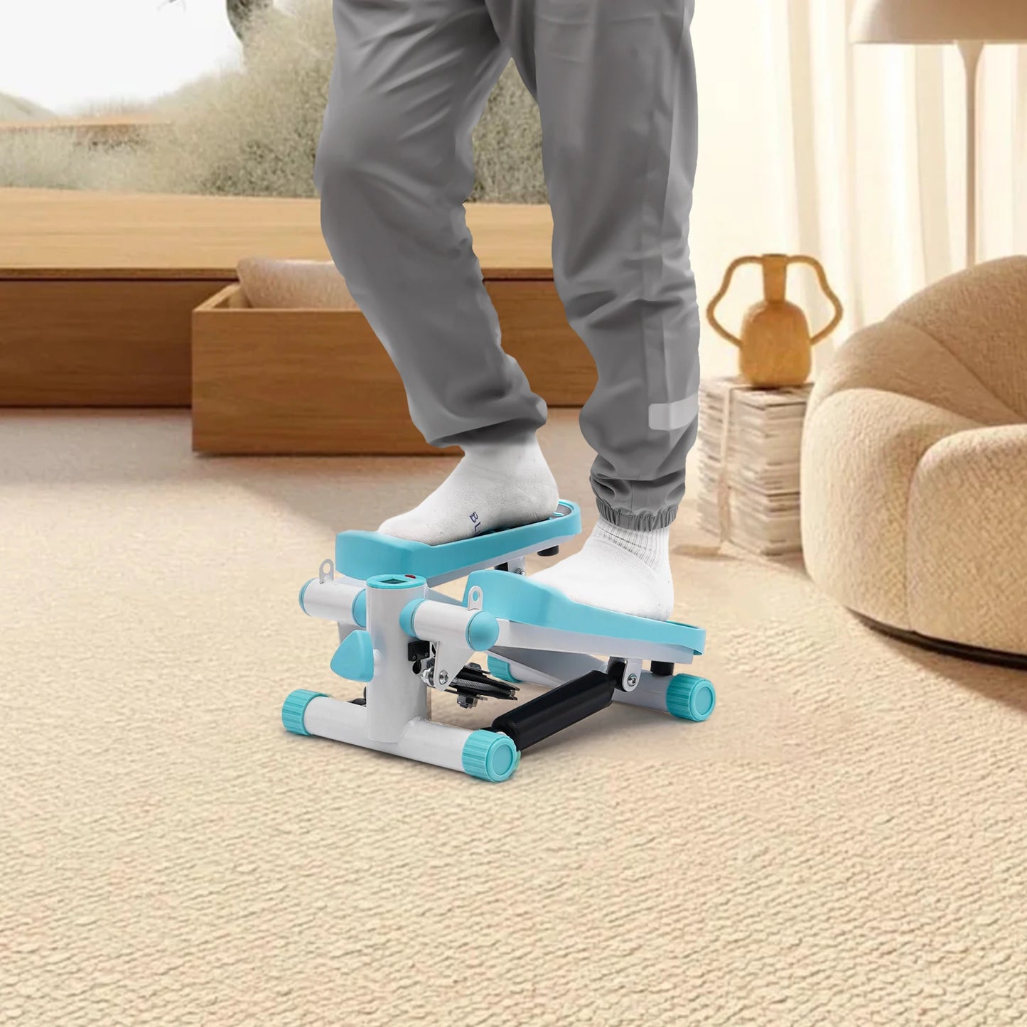 Mini Stepper with Resistance Bands, Hydraulic Quiet Fitness Stepper Machine for Home Office, LCD Display, Adjustable 150kg Capacity, Portable Exercise Equipment for Weight Loss Toning