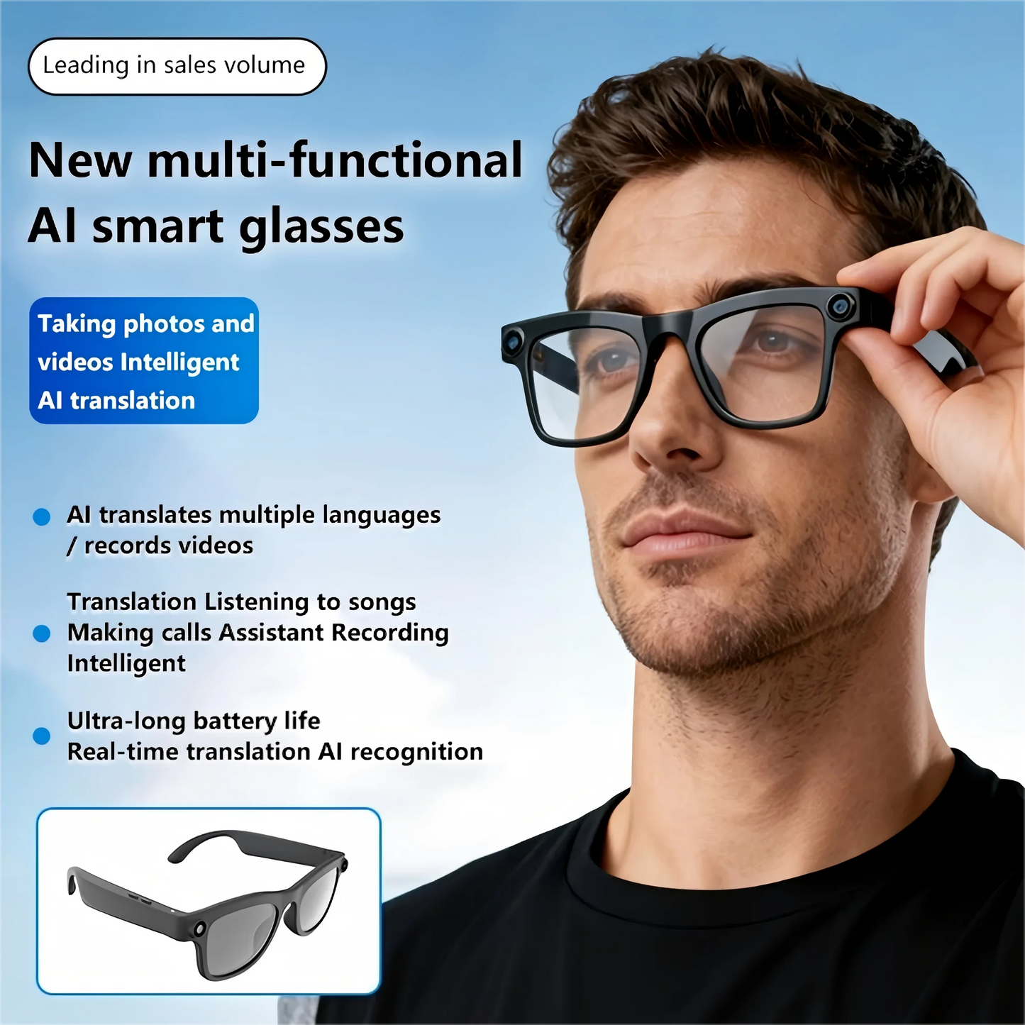 New Smart Camera Glasses, Fashionable Video Eyewear, TR Flexible Material, Dual Microphone Noise Reduction, Real-time App Transl