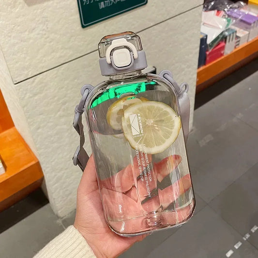 Flat Square Transparent Water Bottle With Adjustable Strap For Travel