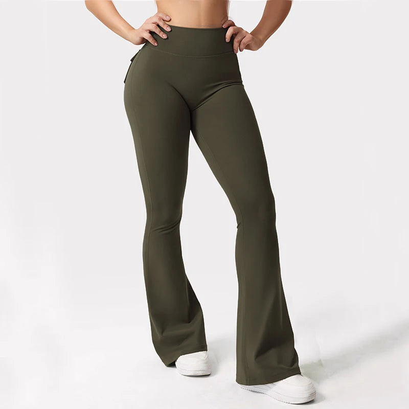 Women Yoga Flare Trousers High Waist Wide Leg With Pockets