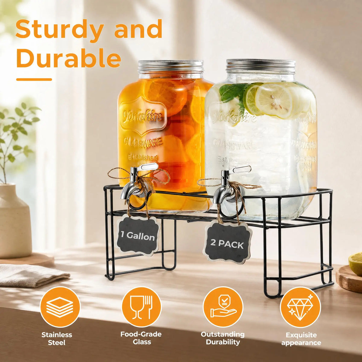 Glass Beverage Dispenser Set With Stainless Steel Spigot And Stand