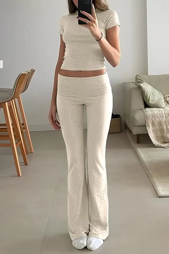 Women’s Two-Piece Yoga Set Short Sleeve Top And Flared Trousers