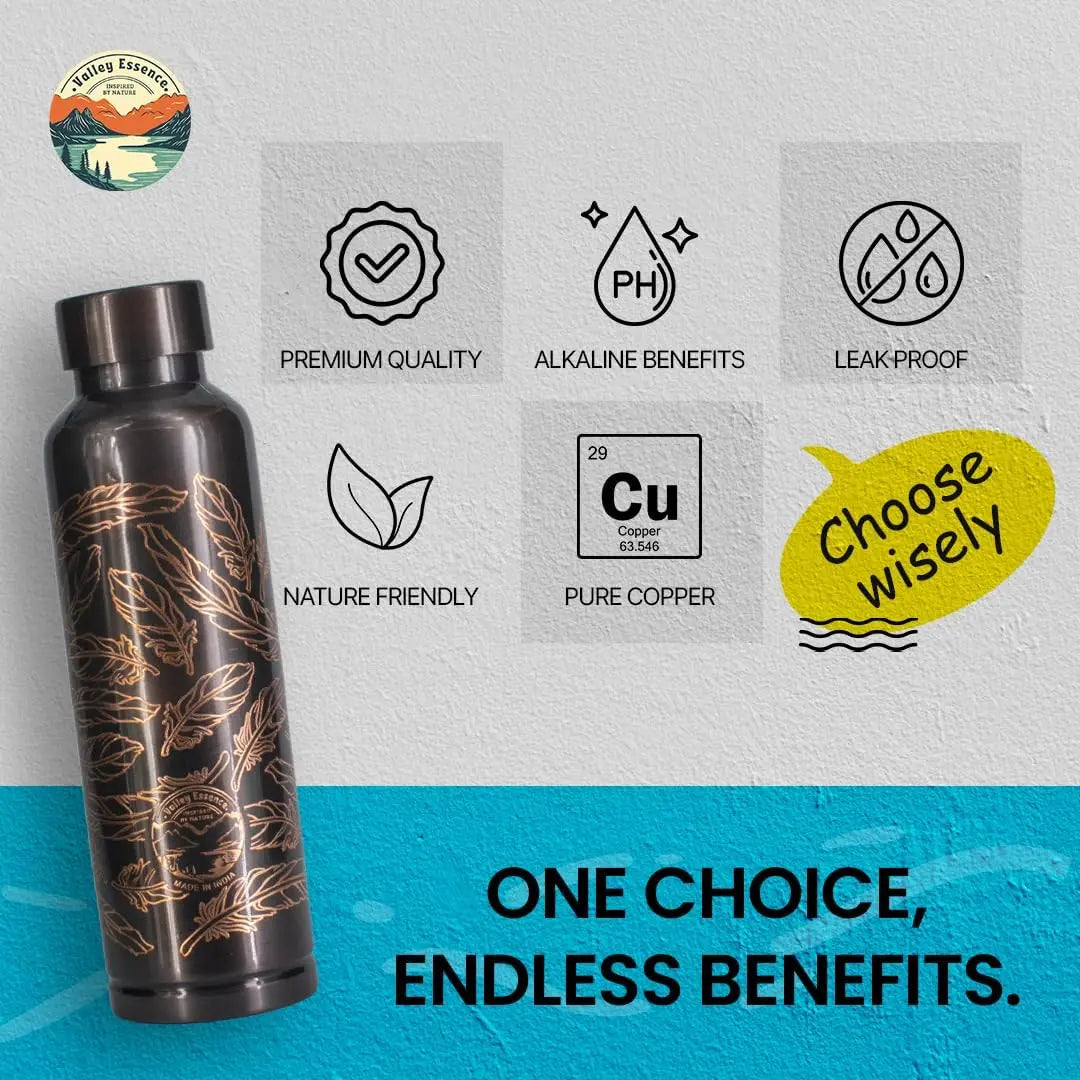 Copper Water Bottle 34 oz (1 Liter) with Feather Pattern, 320g Durable Construction, Leakproof, Handcrafted Design, Eco-Friendly