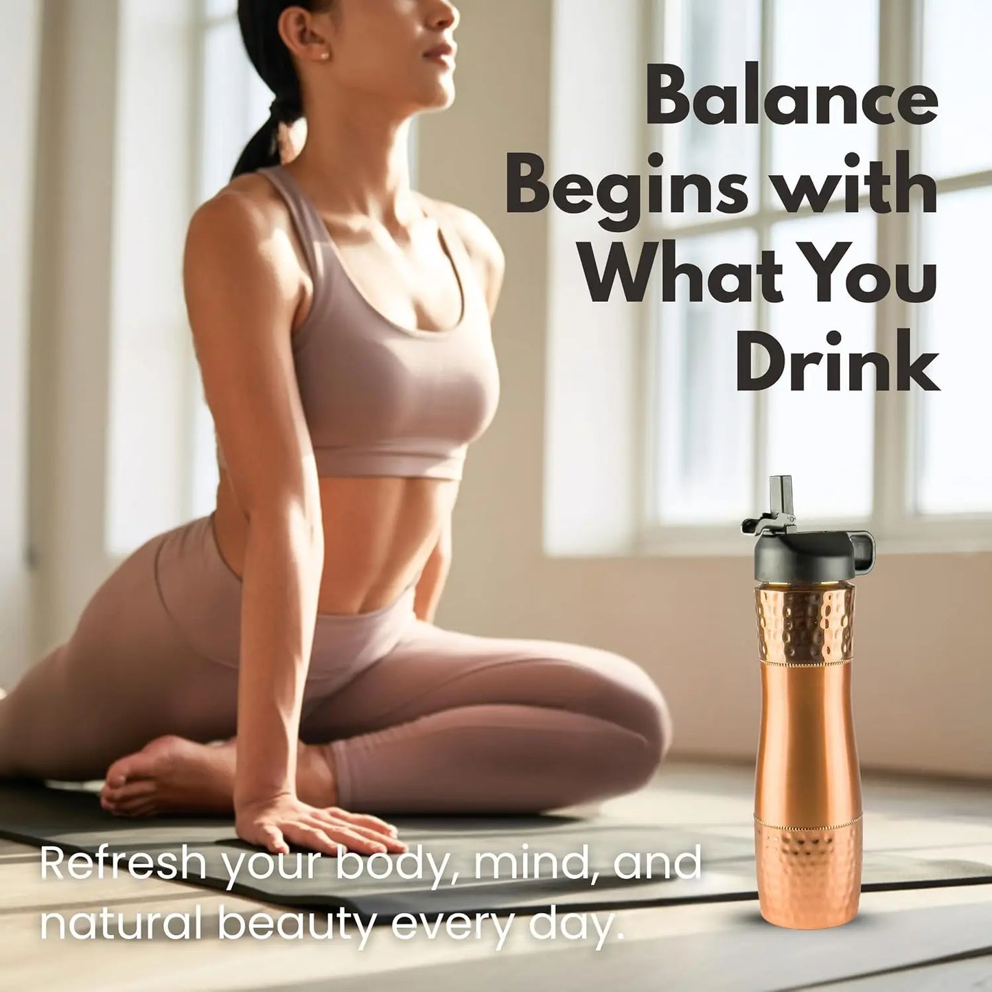 Copper Water Bottle with Straw and Sports Lid, 33.5oz (950ml), Leak-Proof Split Hammered Design Vessel for Daily Hydration, Ayur
