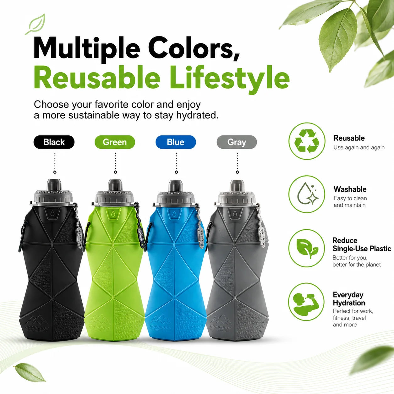 Foldable Silicone Water Bottle Leakproof Portable Sports Drinkware Reusable Camping Hiking Gym Travel Bottle with Handle