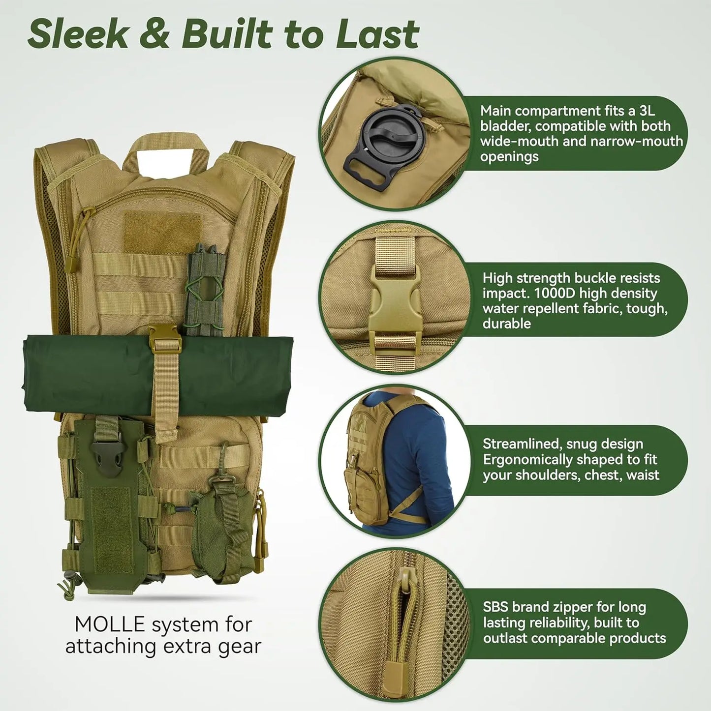 Military Molle Hydration Pack With Water Bladder For Outdoors