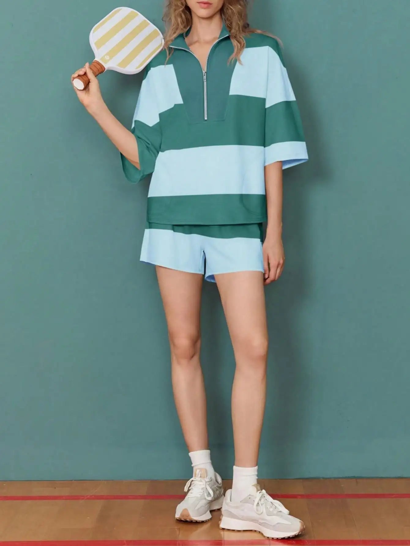 Fisoew Casual Y2K Colorblock Half Zip Sweatshirt & High Waisted Shorts Set | 2025 Tracksuit Gym Wear Lounge Tennis Aesthetic Set